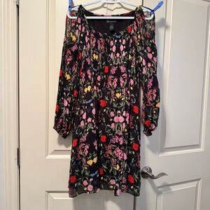 INC International Concepts Black Floral Long Sleeve Cold Shoulder Pleated Dress